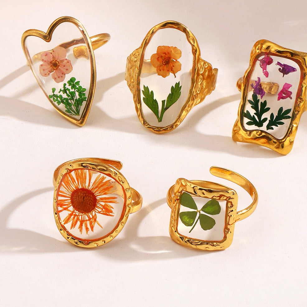 Preserved flowers design adjustable ring stainless steel water-resistant