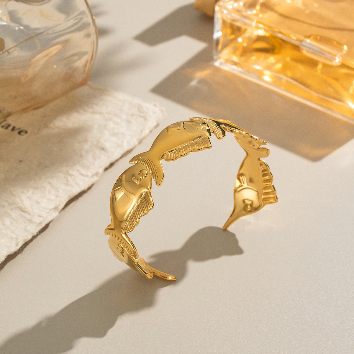 Fish ocean inspired design adjustable bangle stainless steel silver&gold tarnish free