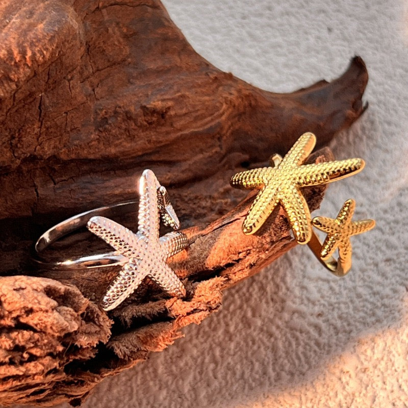 2 starfishes ocean inspired silver&gold adjustable open ring stainless steel tarnish free