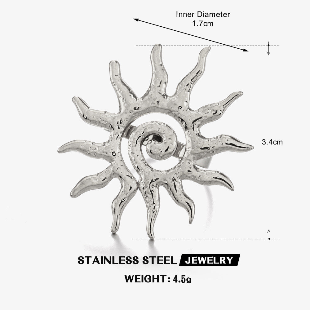 Sun with Swirl pattern ocean inspired adjustable ring stainless steel tarnish free water resistant  confidence and stylish