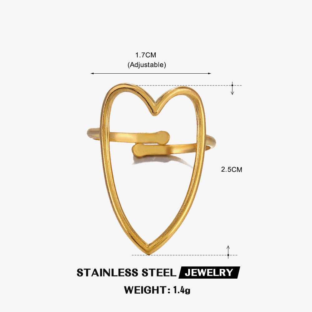 Large heart design gold&silver adjustable ring stainless steel tarnish free water resistant simple
