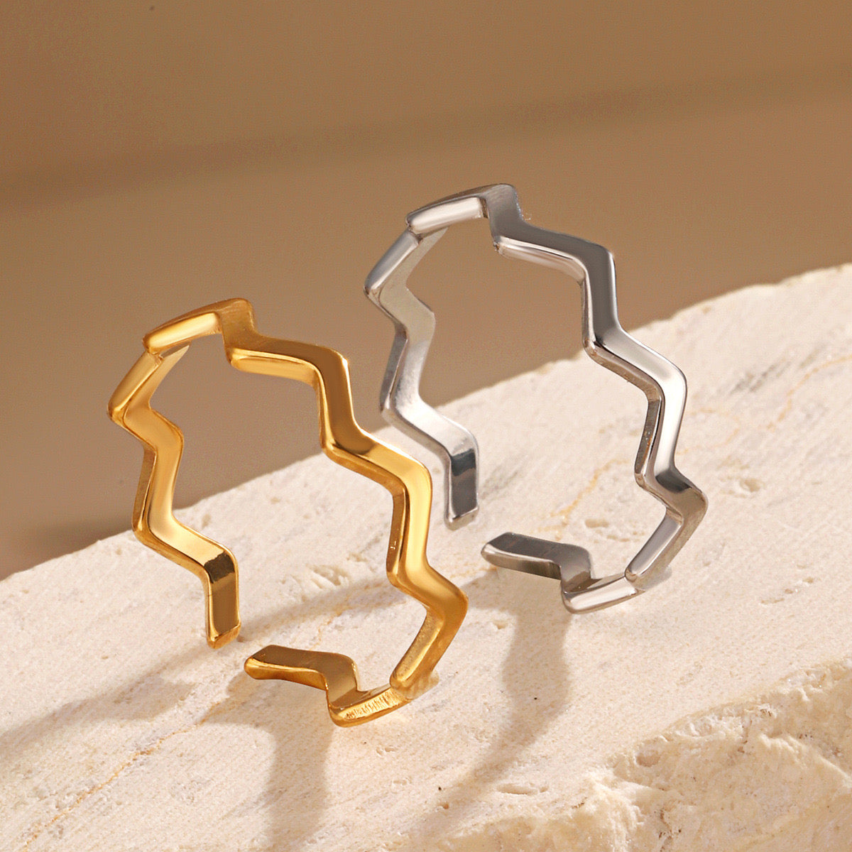 Wavy classic design stainless steel tarnish free water resistant adjustable size ring