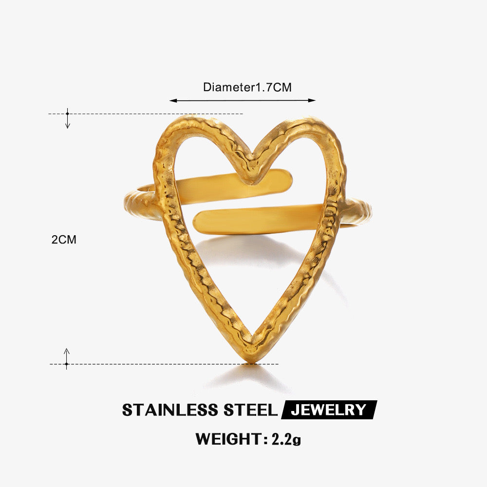 Shiny love heart design adjustable size gold & silver stainless steel water resistant ring