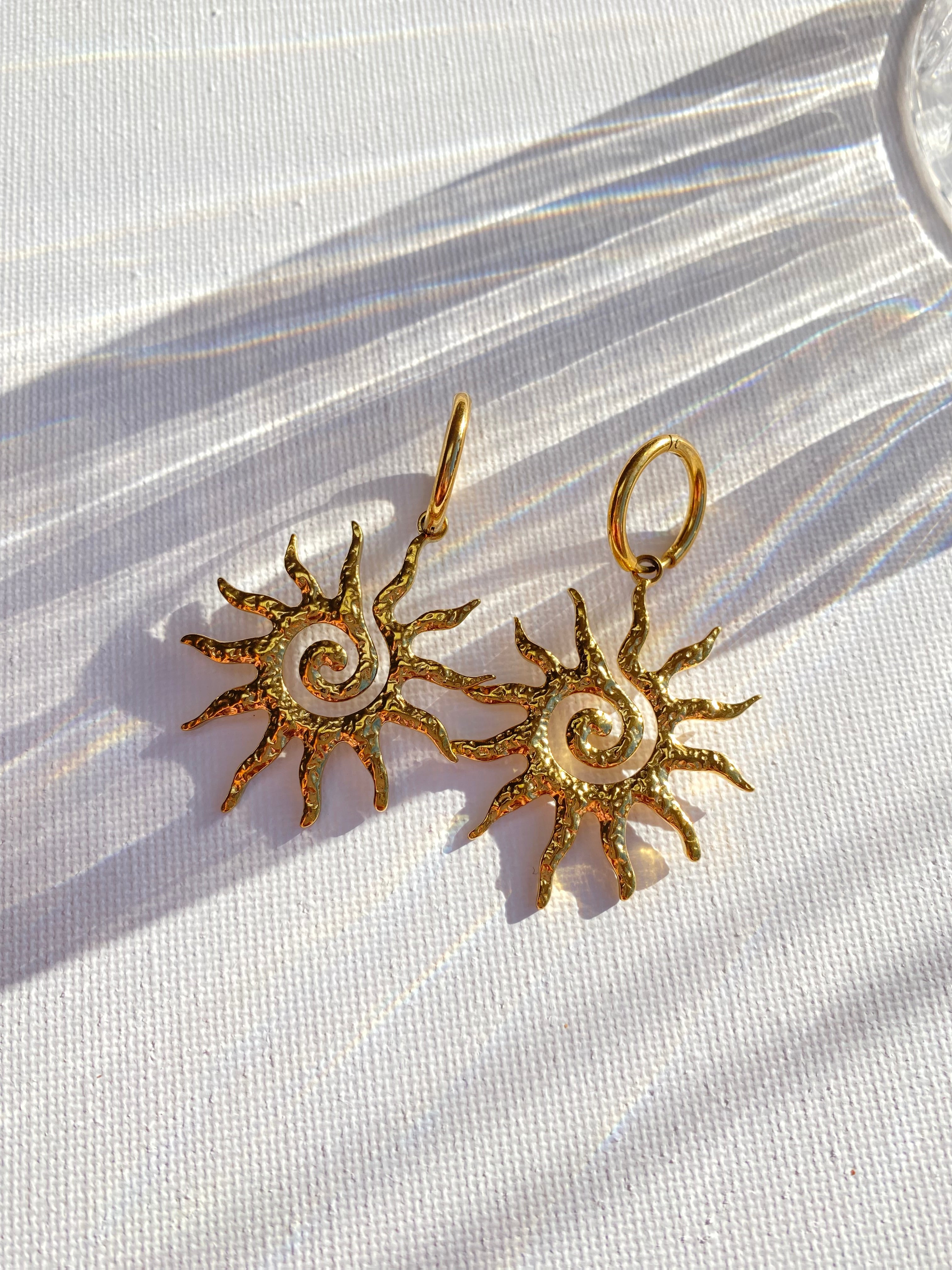 Sun with swirl positive energy dangle earrings silver&gold stainless steel tarnish free