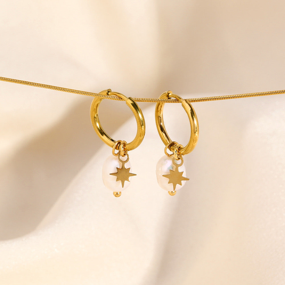 Fresh water pearl with star design classic hoops earrings stainless steel water resistant