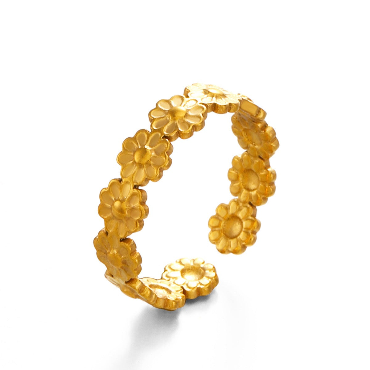 Simple gold Daisy wreath design adjustable open ring stainless steel water resistant