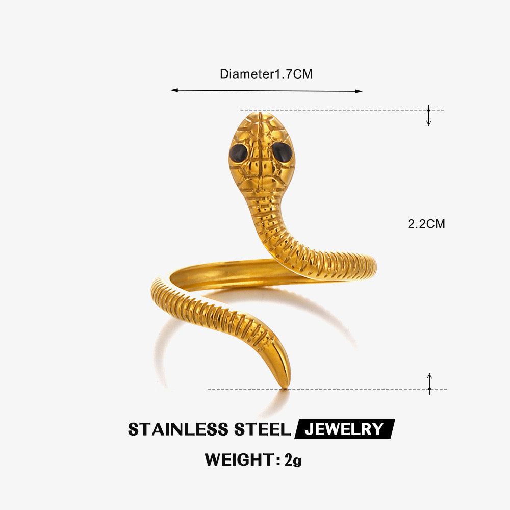 Mystery black eye snake with pattern adjustable ring gold & silver stainless steel tarnish free water resistant