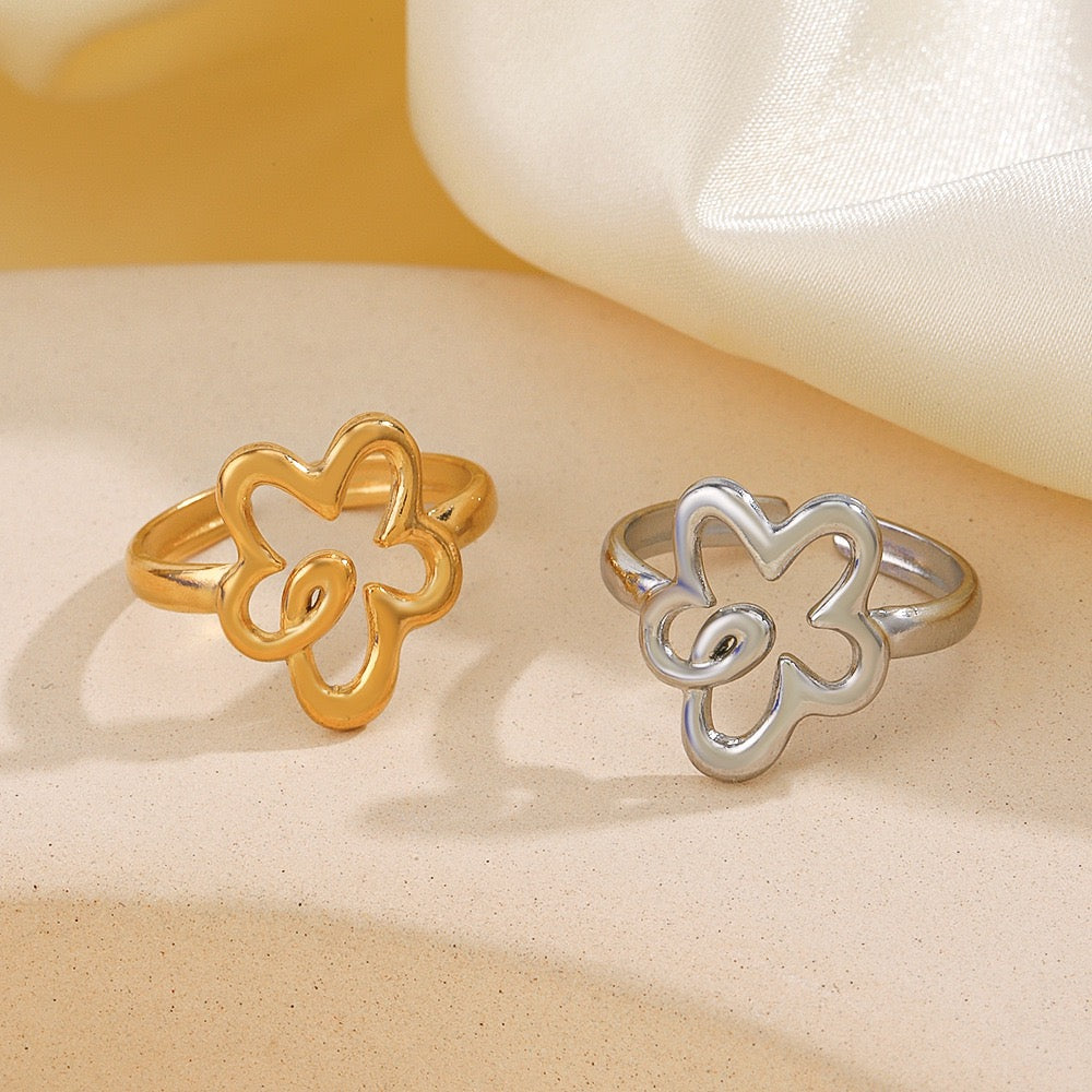 Floral geometric design adjustable open ring stainless steel water-resistant