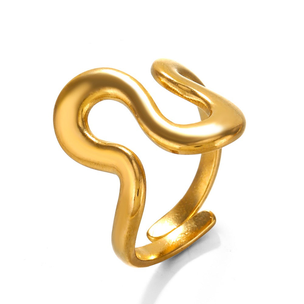 Large wavy design adjustable open ring stainless steel water resistant