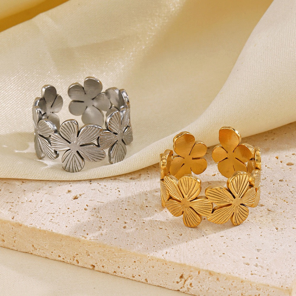wreath flowers design silver&gold open adjustable rings stainless steel tarnish free