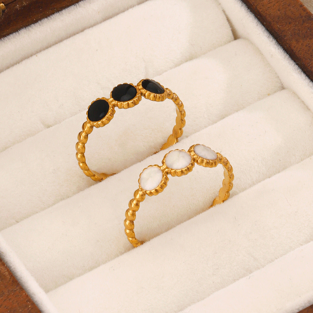 3 Black or white small circles design stainless steel tarnish free adjustable ring