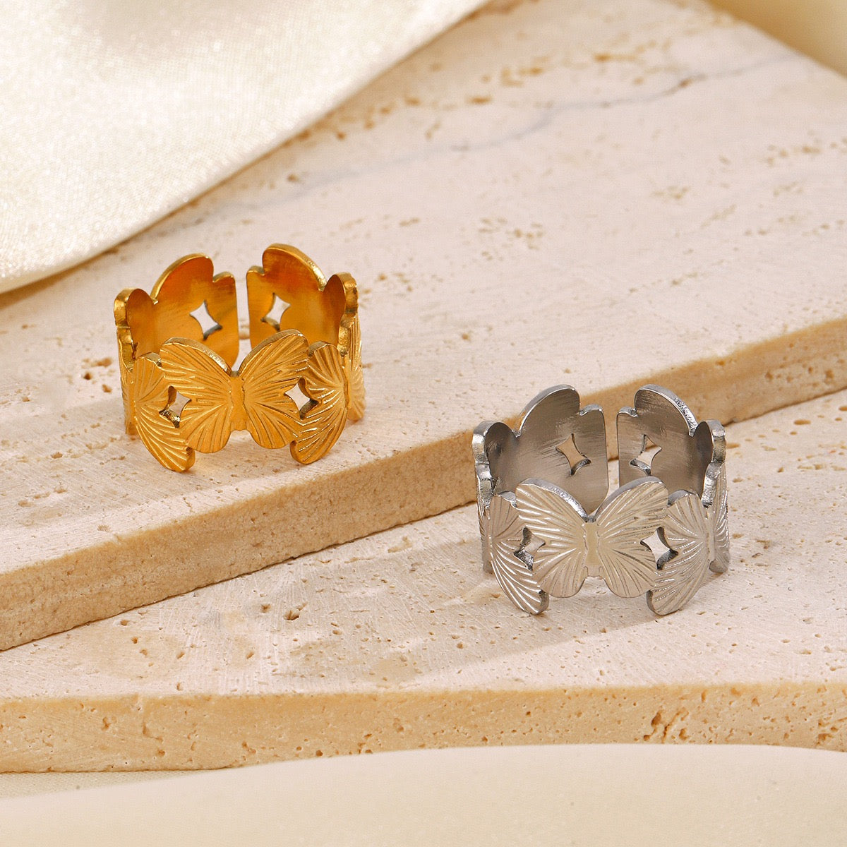 Butterflies chunky adjustable ring stainless steel water-resistant