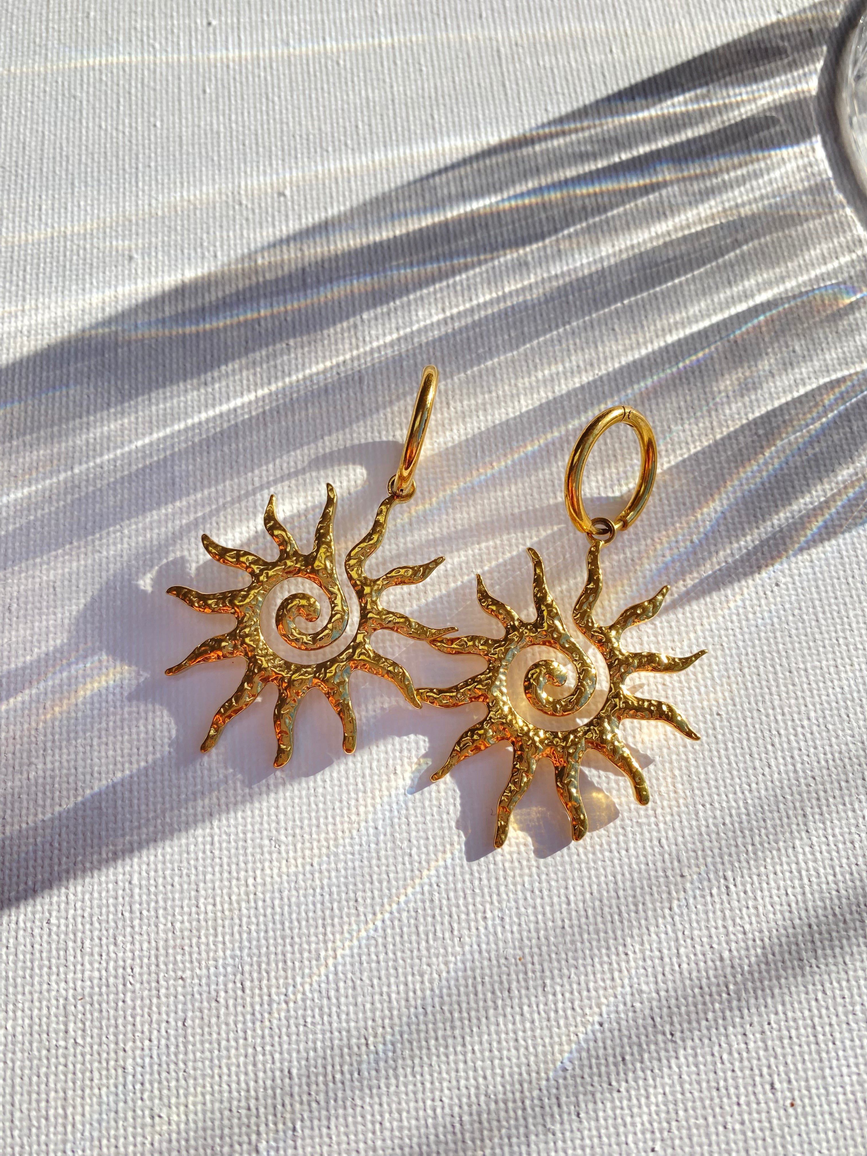 Sun with swirl positive energy dangle earrings silver&gold stainless steel tarnish free