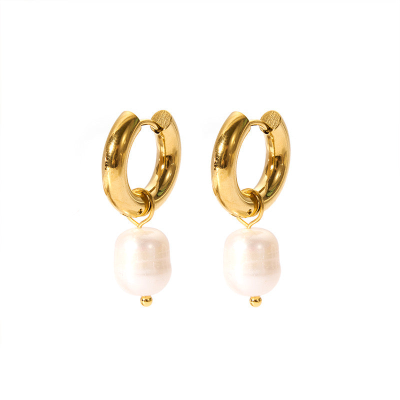 Fresh water pearls with chunky hoops earrings stainless steel water resistant