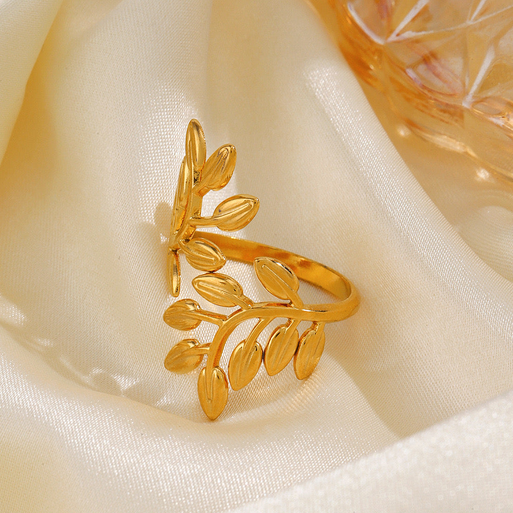 Large tree leaf inspired adjustable ring stainless steel water resistant