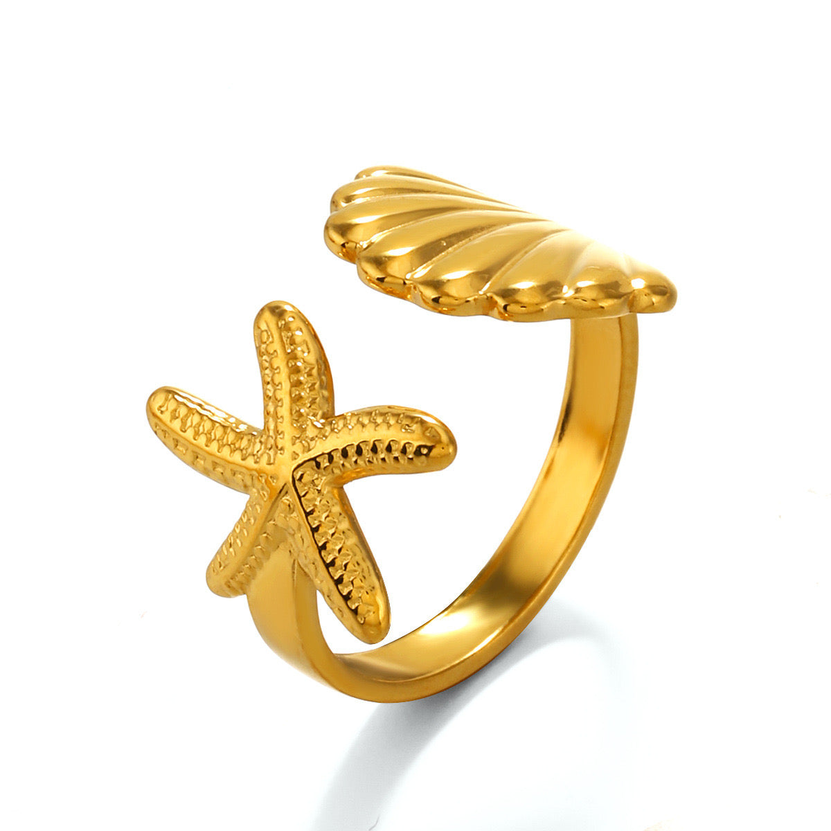 starfish and shell holiday ocean design silver &gold adjustable ring stainless steel water resistant