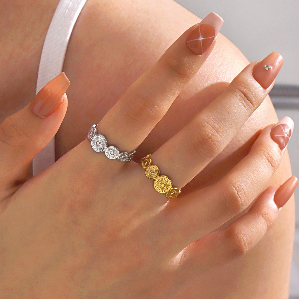 Ethnic style little sun circles adjustable stainless steel tarnish free ring