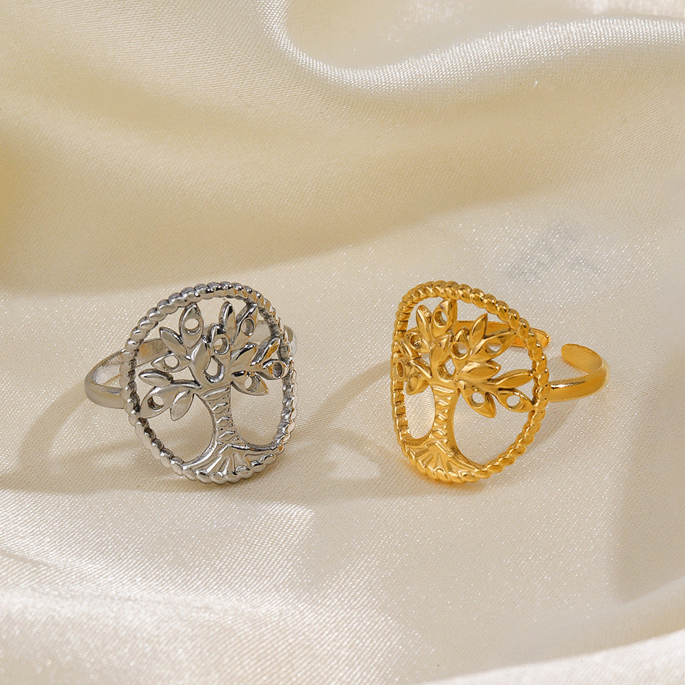 Tree life design stainless steel tarnish free adjustable size gold& silver ring