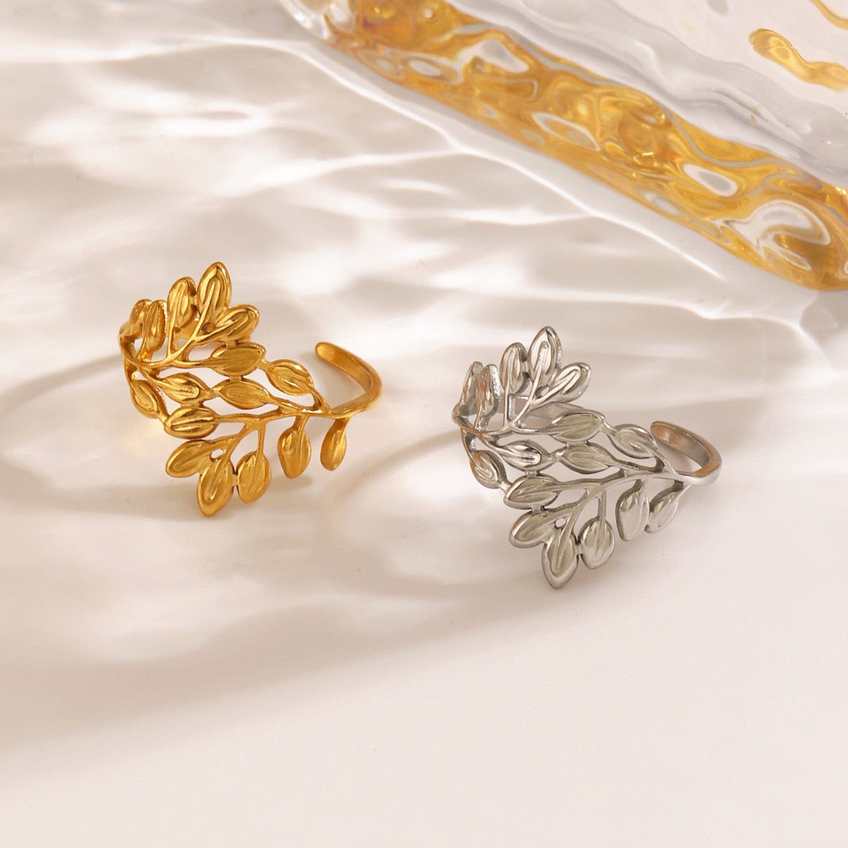 Small leaves design adjustable open ring stainless steel water resistant