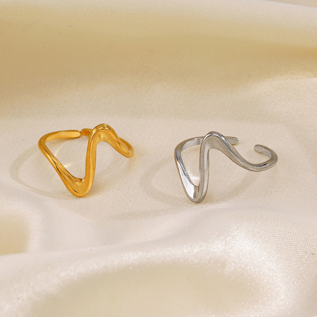Wave geometric design adjustable open ring stainless steel water resistant