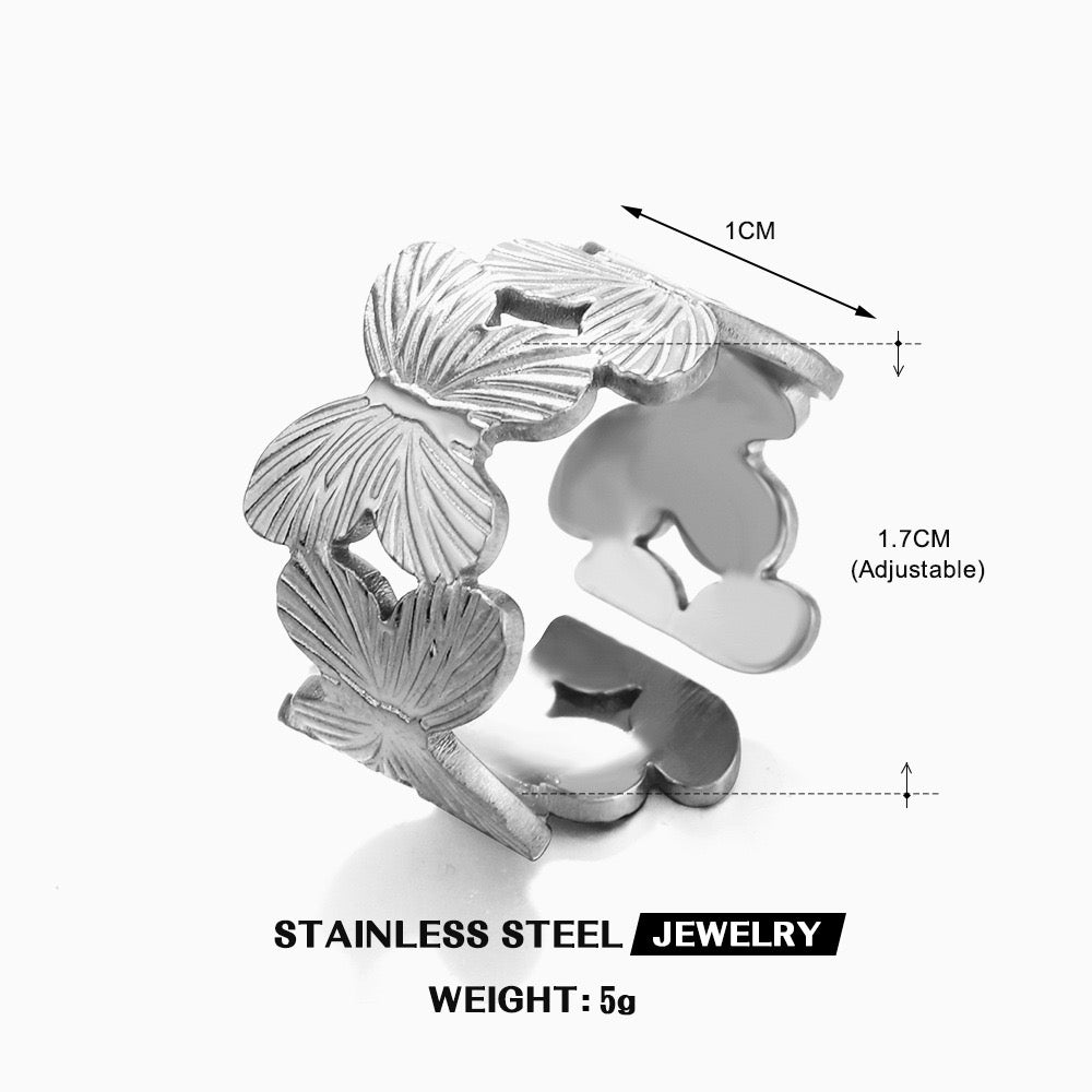 Butterflies chunky adjustable ring stainless steel water-resistant