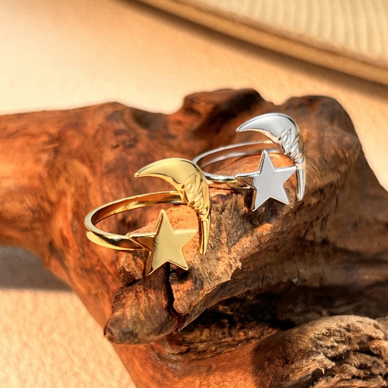 Moon with star energy open adjustable ring stainless steel tarnish free