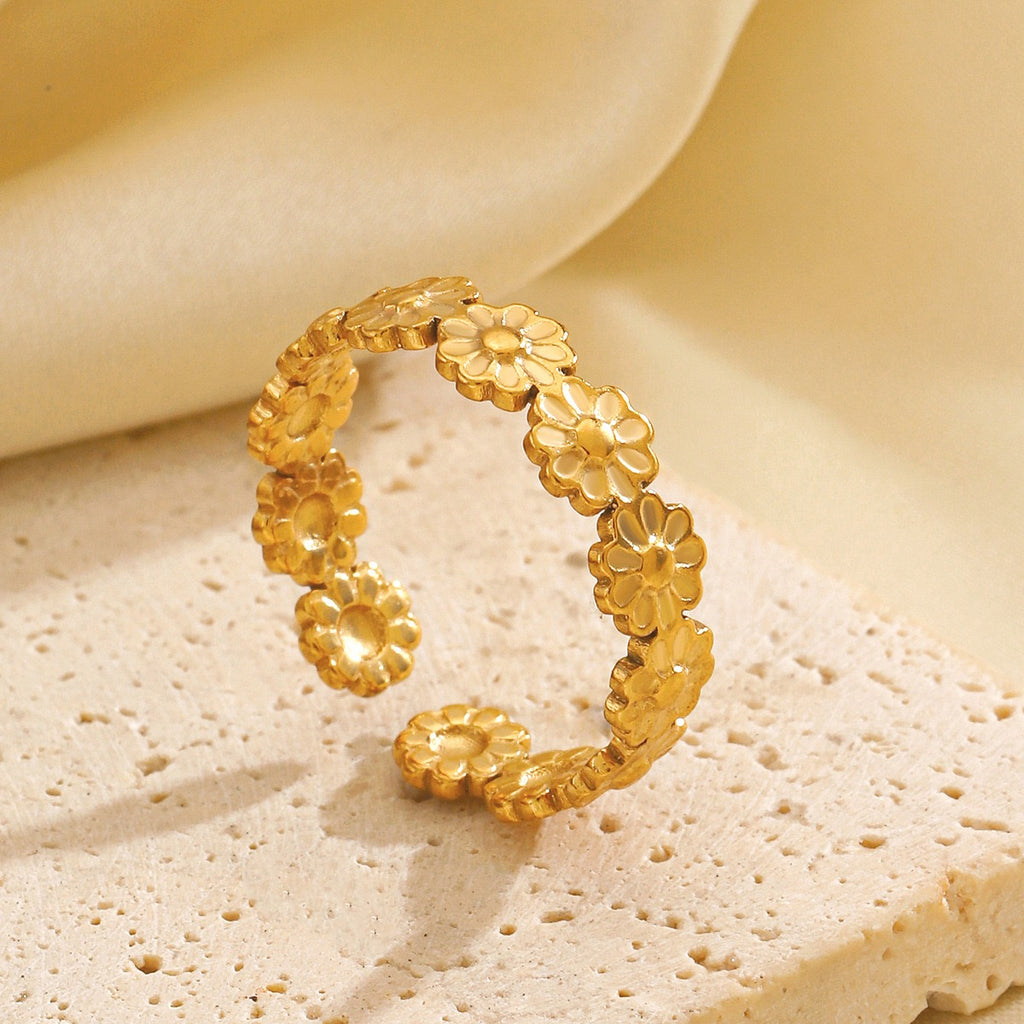 Simple gold Daisy wreath design adjustable open ring stainless steel water resistant