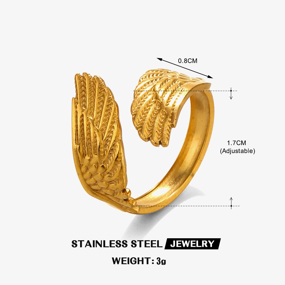 Angel wings design “ inner strength”adjustable open ring stainless steel water resistant tarnish free