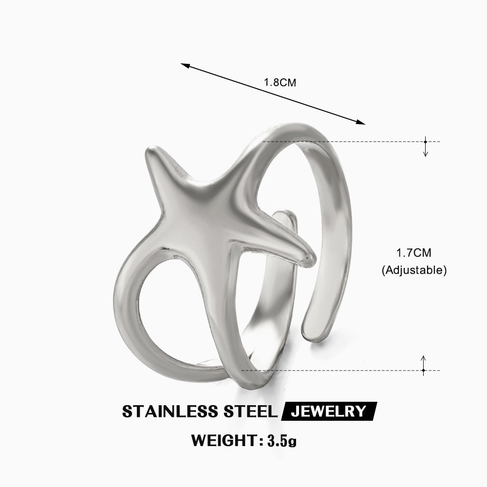 Ocean starfish design stainless steel tarnish free water resistant adjustable size ring