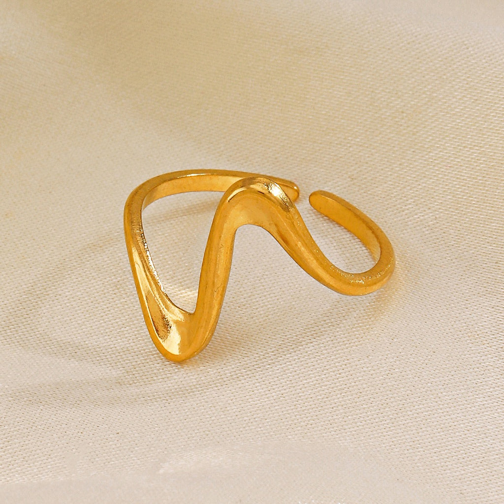 Wave geometric design adjustable open ring stainless steel water resistant