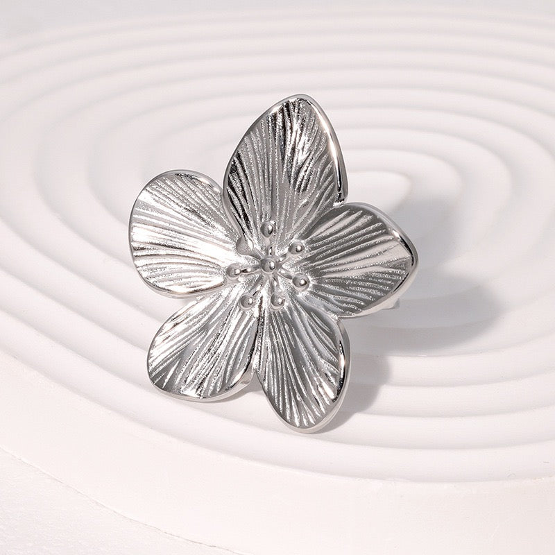 Large Floral inspired design adjustable ring tarnish free stainless steel