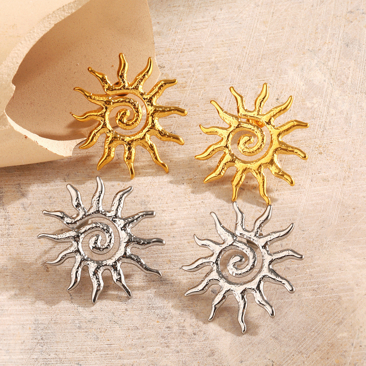 Large Sun with swirl pattern stylish studs earrings stainless steel