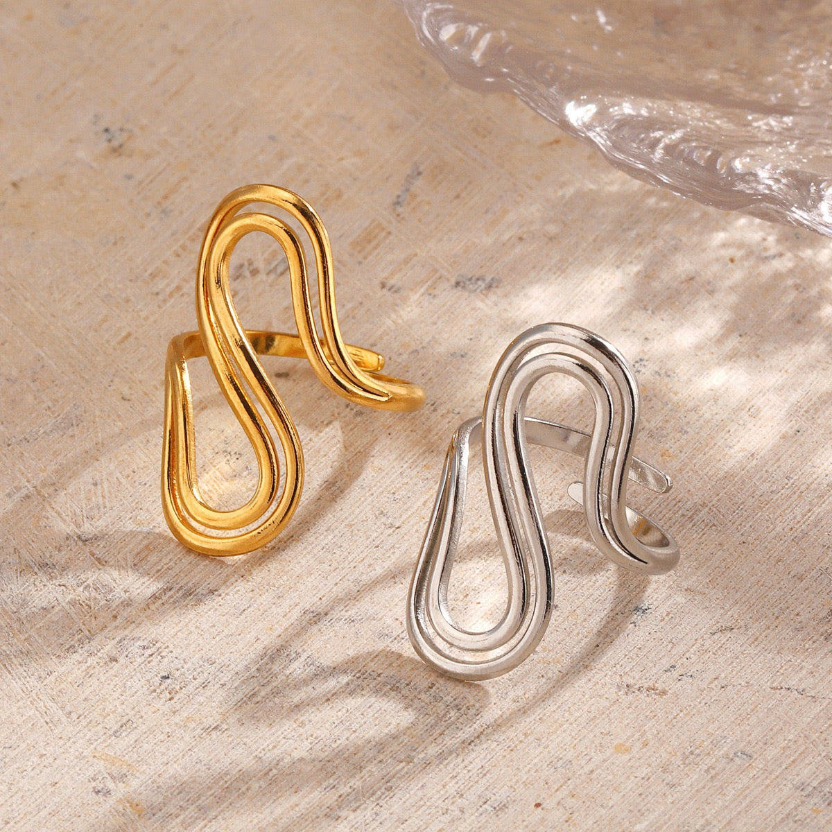 Large wave geometric “ free soul “ style adjustable open ring stainless steel water- resistant