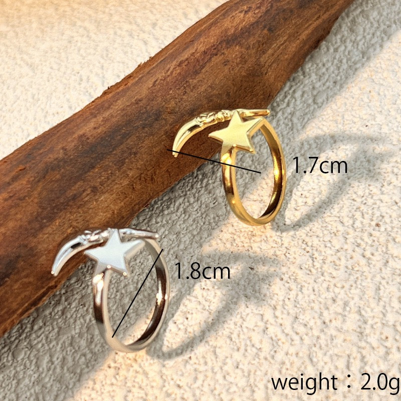 Moon with star energy open adjustable ring stainless steel tarnish free