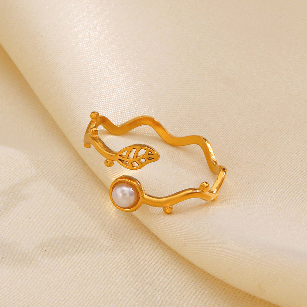 Pearl with leaf nature design adjustable stainless steel water resistant ring