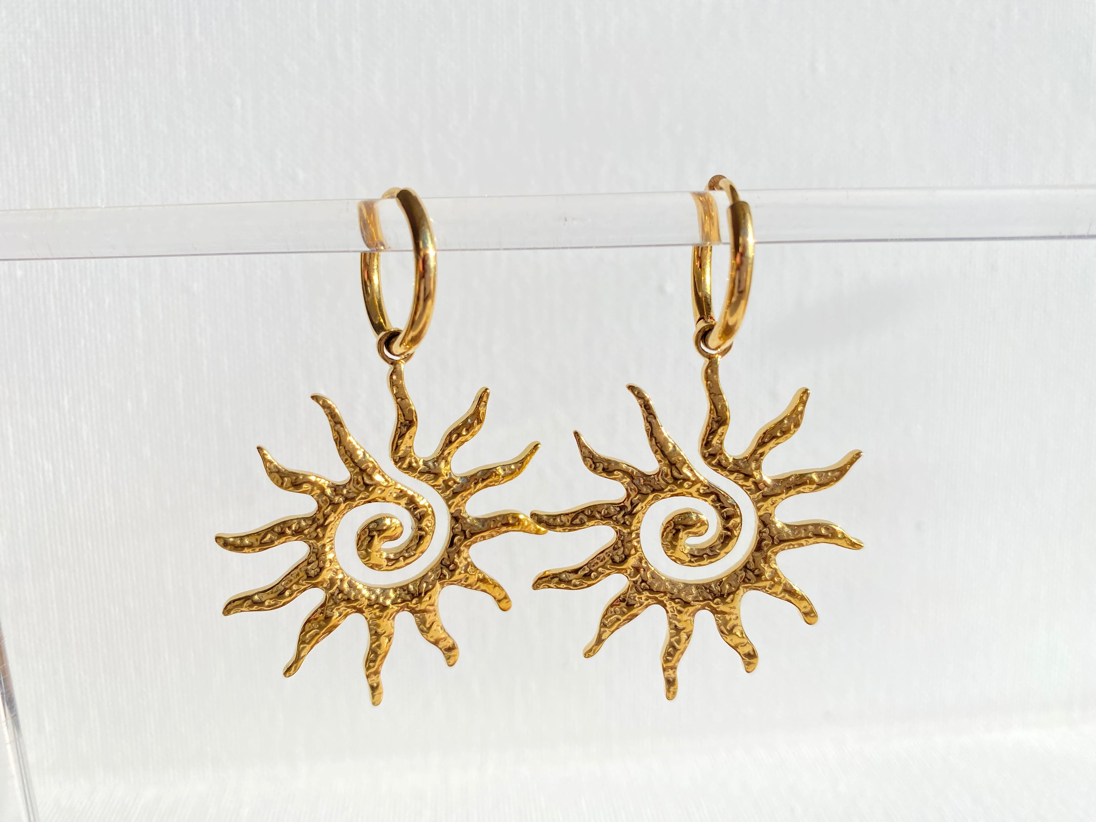 Sun with swirl positive energy dangle earrings silver&gold stainless steel tarnish free