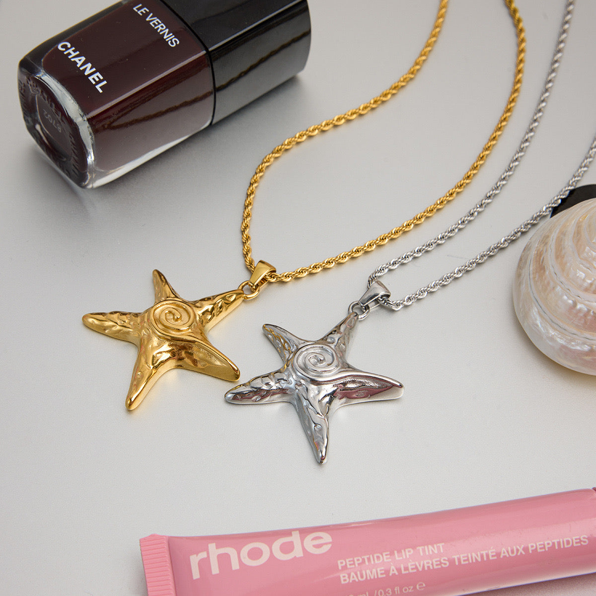 Star fish with swirls ocean inspired stainless steel tarnish free necklace extra longer chain 50+5Cm