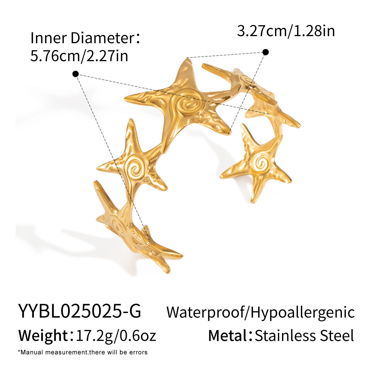 Starfish with swirl design gold&silver adjustable open bangle stainless steel tarnish free