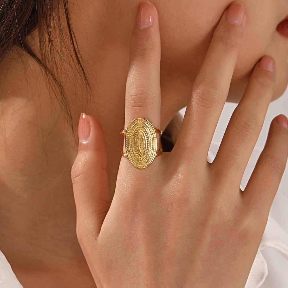 Oval with swirl adjustable stainless steel water resistant tarnish free ring classic chunky