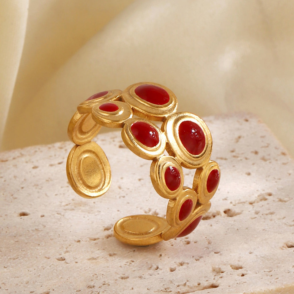 2 layers of small circles with colour ethnic style adjustable ring stainless steel water resistant