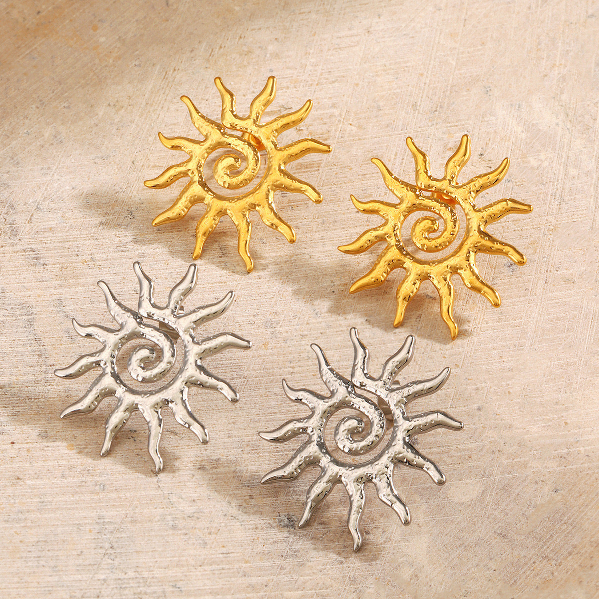 Large Sun with swirl pattern stylish studs earrings stainless steel