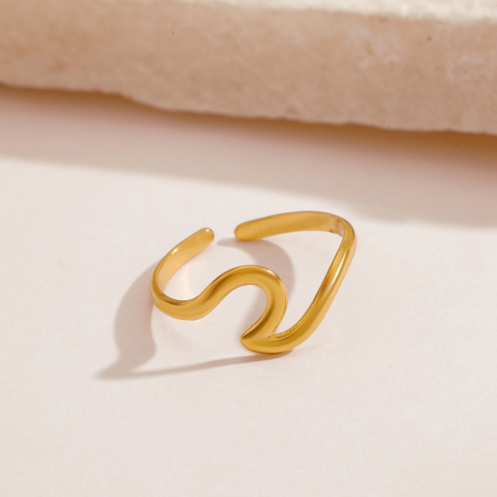 Wave geometric design adjustable open ring stainless steel water resistant