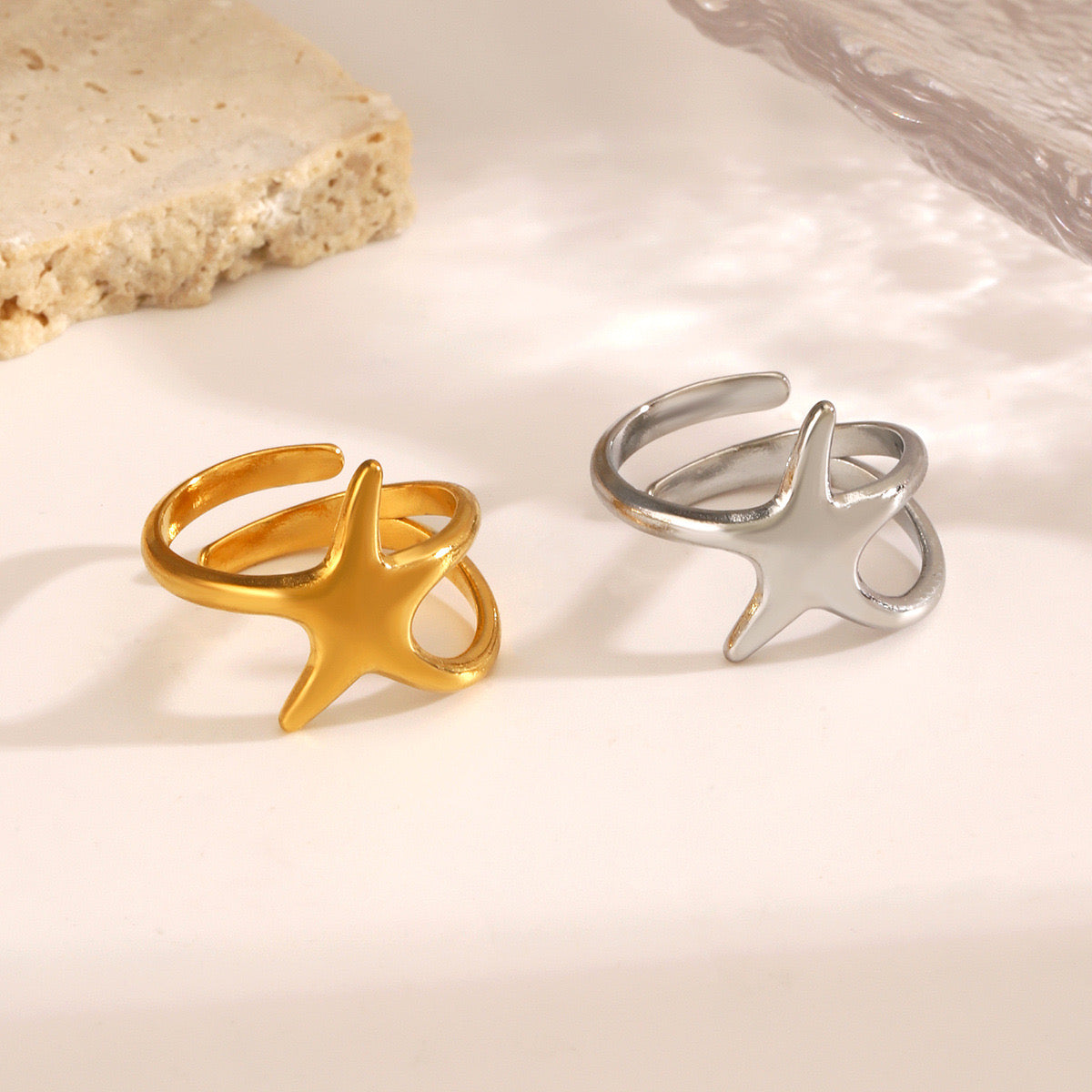 Ocean starfish design stainless steel tarnish free water resistant adjustable size ring