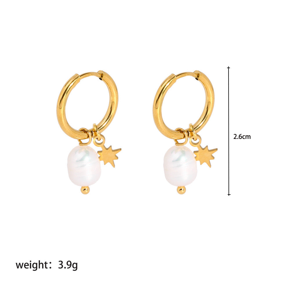 Fresh water pearl with star design classic hoops earrings stainless steel water resistant