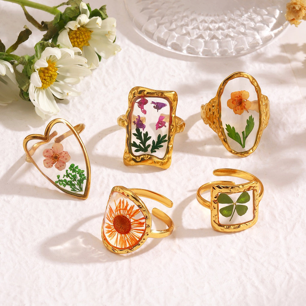 Preserved flowers design adjustable ring stainless steel water-resistant