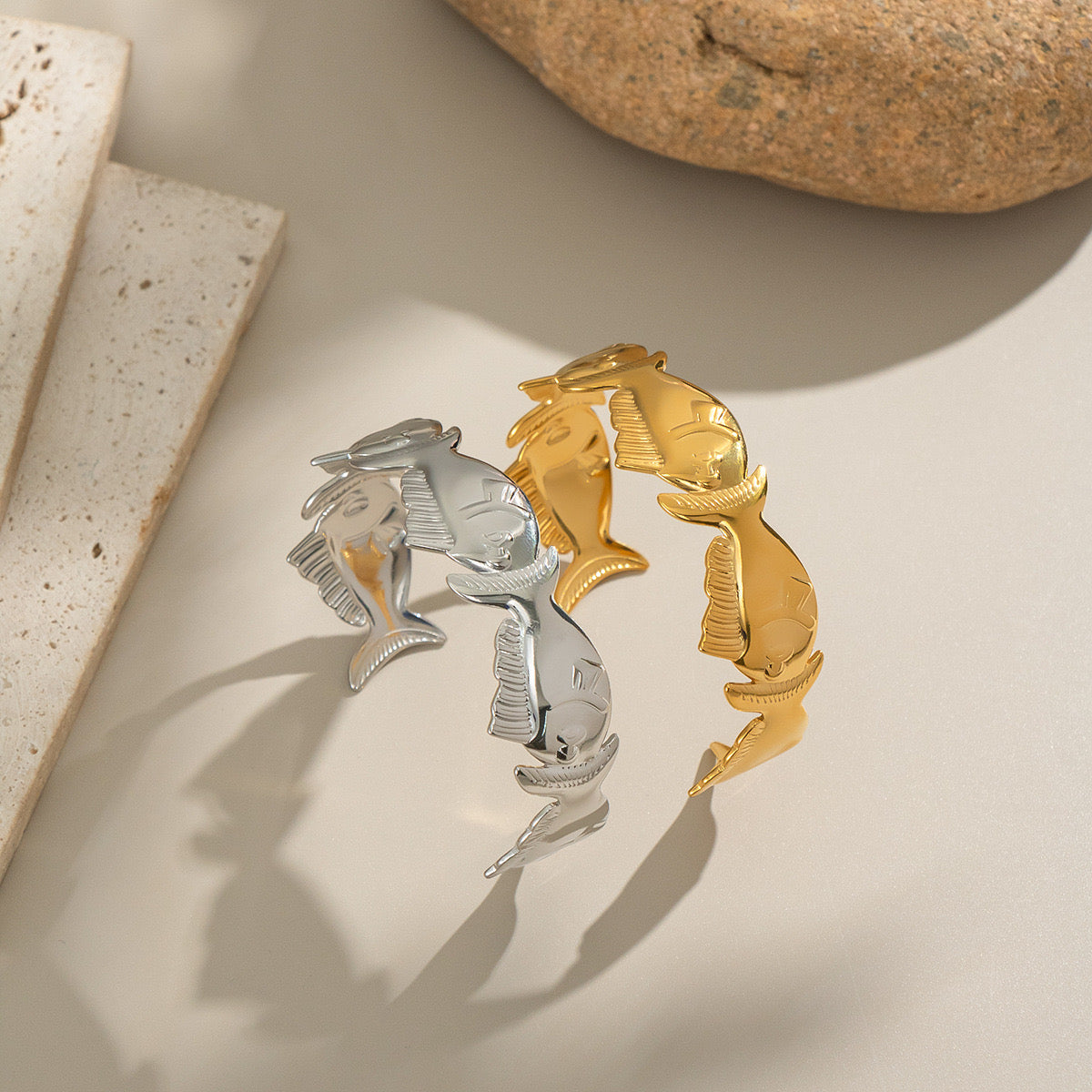 Fish ocean inspired design adjustable bangle stainless steel silver&gold tarnish free