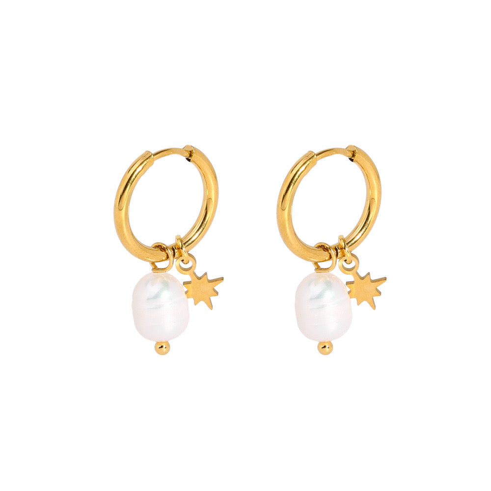 Fresh water pearl with star design classic hoops earrings stainless steel water resistant