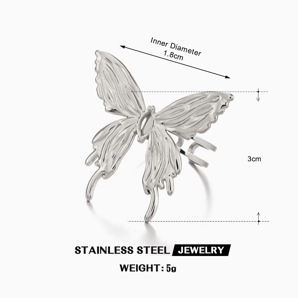 Large exquisite butterfly adjustable open ring stainless steel tarnish free