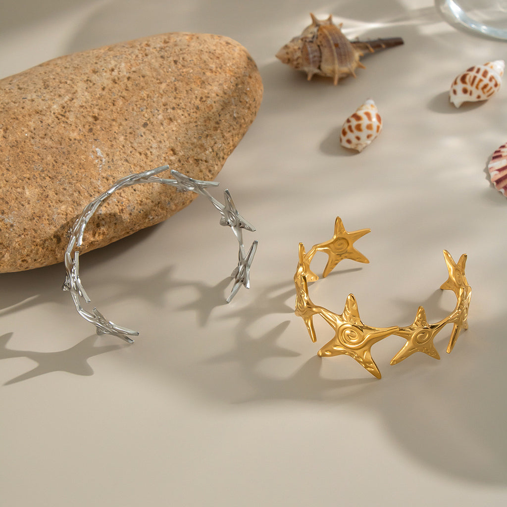 Starfish with swirl design gold&silver adjustable open bangle stainless steel tarnish free