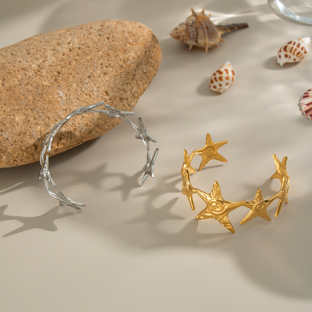 Starfish with swirl design gold&silver adjustable open bangle stainless steel tarnish free